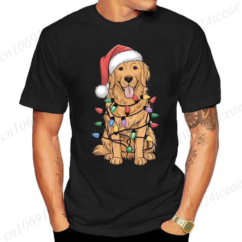 the GOLDEN CHRISTMAS - New Men's T-Shirts Christmas Golden Retriever Print T-Shirts, Round Neck Short Sleeve Casual T-Shirt, Happy New Year Dog Shirts