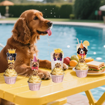 12pc Tie Dog Cake Topper Happy Birthday Crown Wedding Baby Shower Animal Cupcake Topper Dessert Decoration Party Baking Supplies