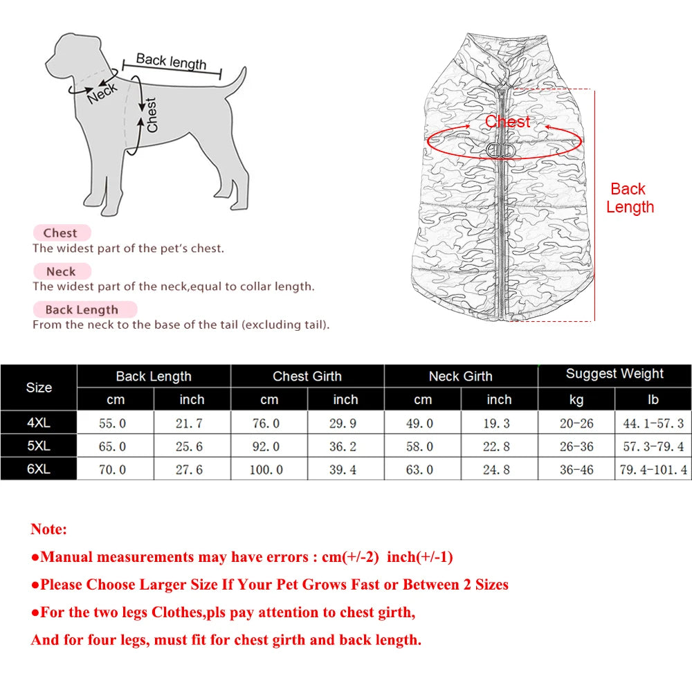 Winter Warm Big Dog Clothes Camouflage Sleeveless Pet Vest Jacket Windproof Large Dog Coat Zipper D-ring 4XL-6XL Puppy Outfits