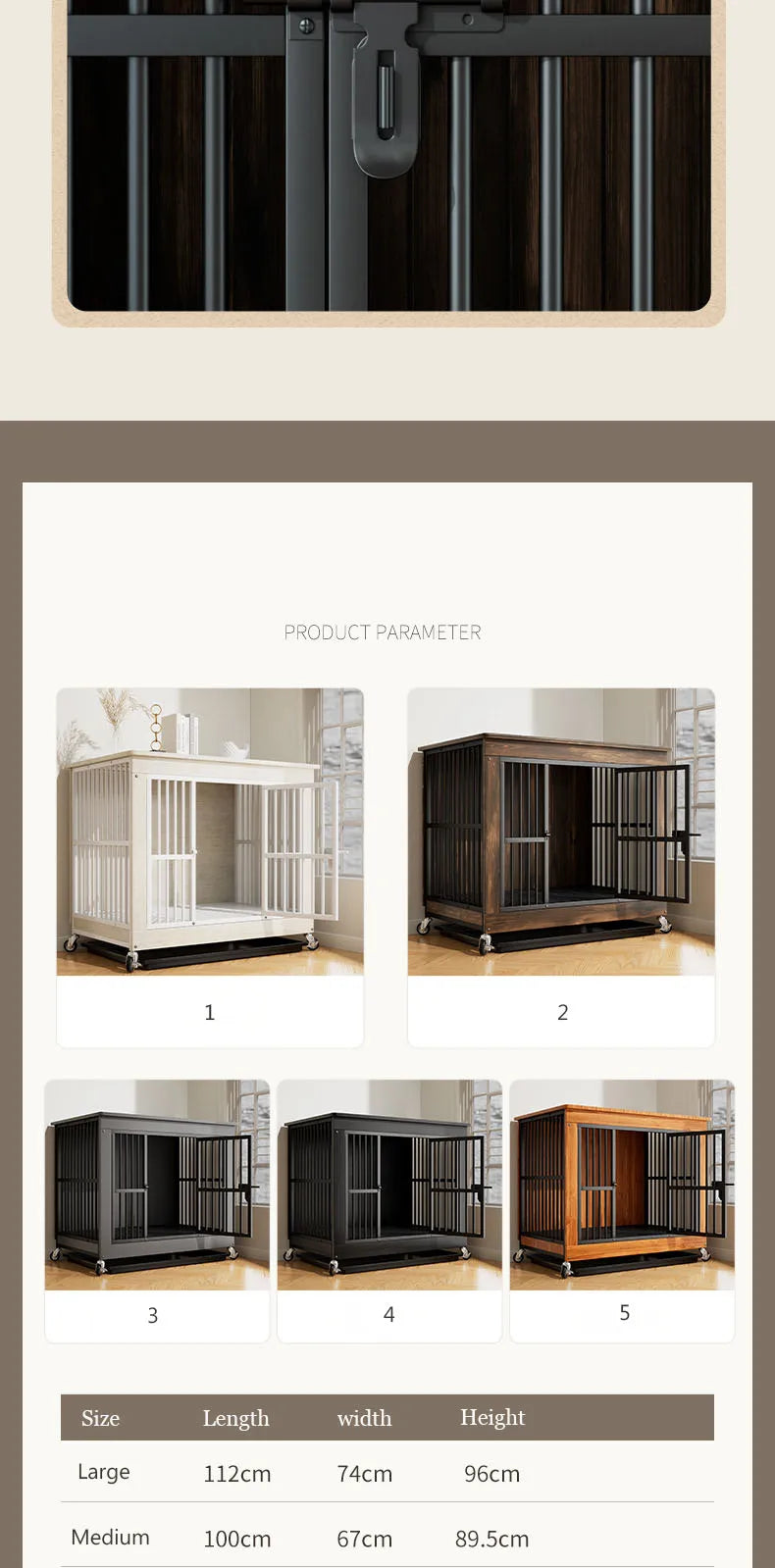 Reinforced Anti-Biting Dog Kennel Sturdy and Durable Wooden Round Pipe Dog Cage with Detachable Wheels Pet Bed