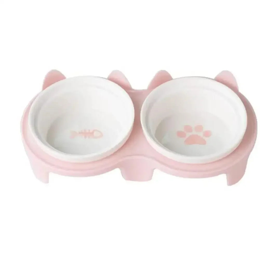 Cat Bowl Ceramic Double Bowl Water Bowl Cervical Protection High Foot Diagonal Cat Food Pot Drinking Pet Dish Pet Supplies