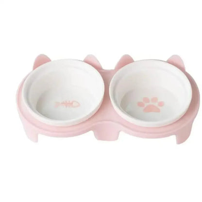 Cat Bowl Ceramic Double Bowl Water Bowl Cervical Protection High Foot Diagonal Cat Food Pot Drinking Pet Dish Pet Supplies