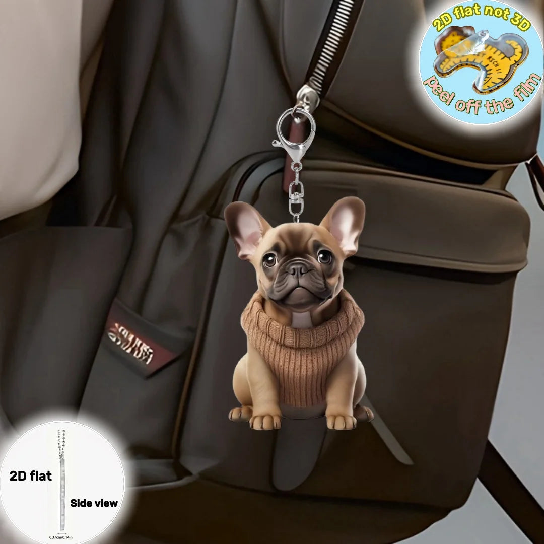 French Bulldog in Sweater Pendant Keychain,Cartoon Puppy 2D Flat Acrylic Ornament,Hanging Decoration for Car,Bags,Festive,Gift