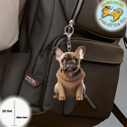 French Bulldog in Sweater Pendant Keychain,Cartoon Puppy 2D Flat Acrylic Ornament,Hanging Decoration for Car,Bags,Festive,Gift