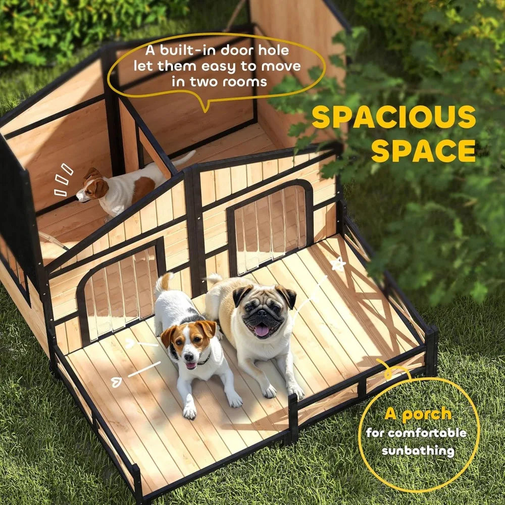 the LUXURY PET PAD - Wooden Large Doghouse Outdoor Double XL Dog Kennel with Elevated Floor and Porch, Weatherproof Puppy/Dog Shelter