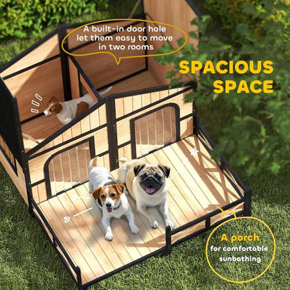 the LUXURY PET PAD - Wooden Large Doghouse Outdoor Double XL Dog Kennel with Elevated Floor and Porch, Weatherproof Puppy/Dog Shelter