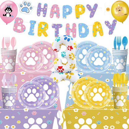 Dog Puppy Theme Party Tableware Color Paw Print Paper Cups Plates Banner 1st-3th Dog Birthday Party Baby Shower Decor