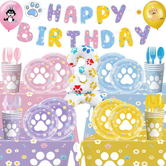 Dog Puppy Theme Party Tableware Color Paw Print Paper Cups Plates Banner 1st-3th Dog Birthday Party Baby Shower Decor