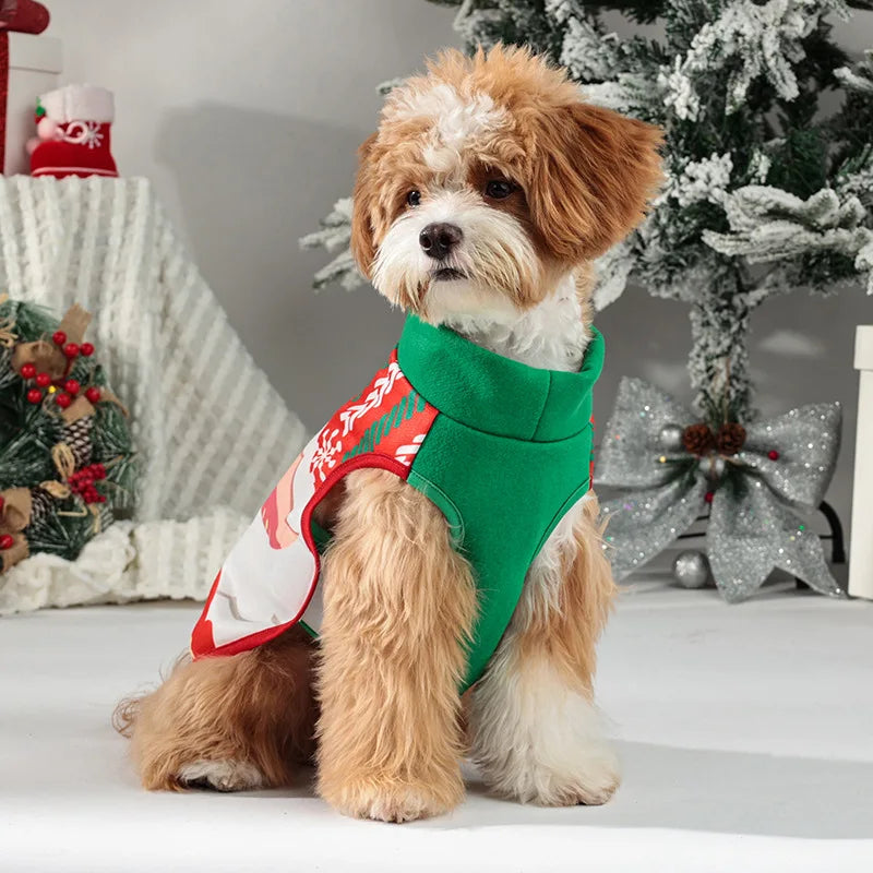 Christmas Santa Dog Vest Warm Fleece, Cartoon Print Pet Jacket, Red/Green, Sleeveless, Sizes S–XL for Small/Medium Dogs