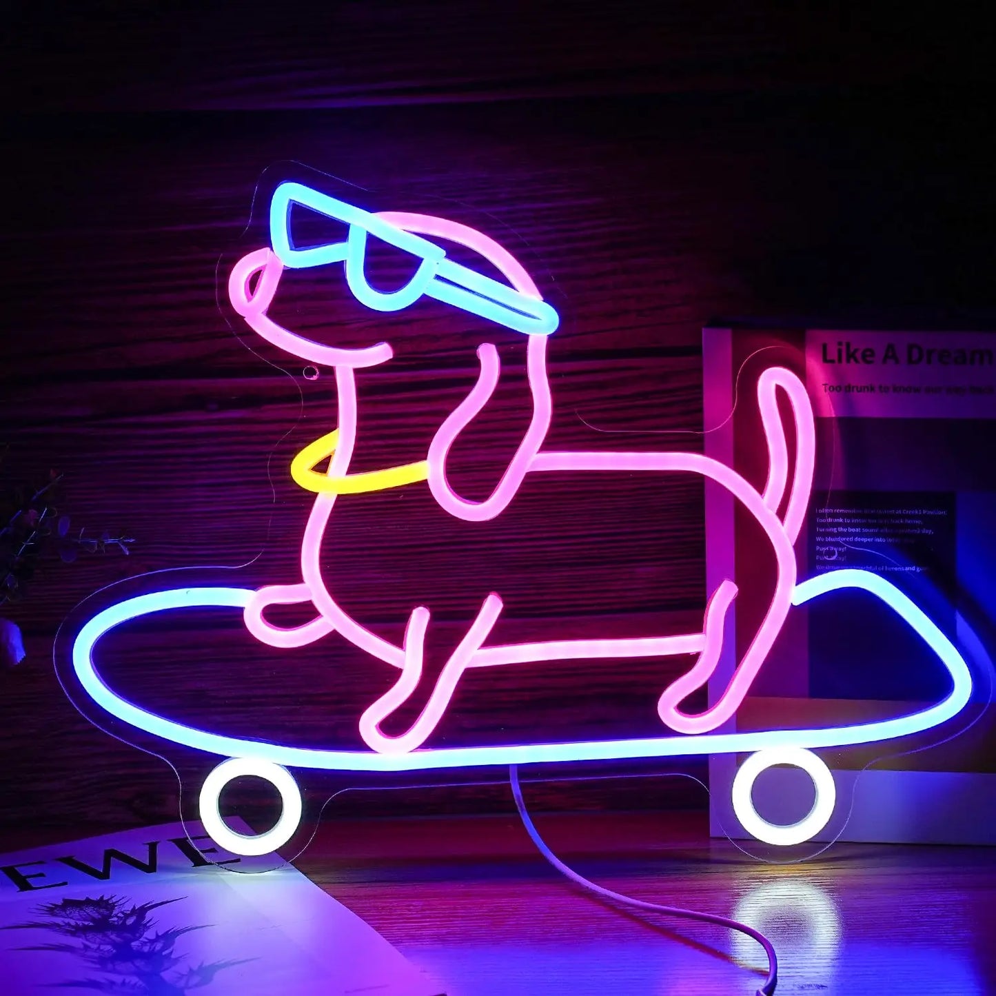 Skateboard Dog Neon Signs LED Neon Light Sign Light Up Neon Signs Wall Decor for Game Room Bedroom HomeBar Living Room kids room