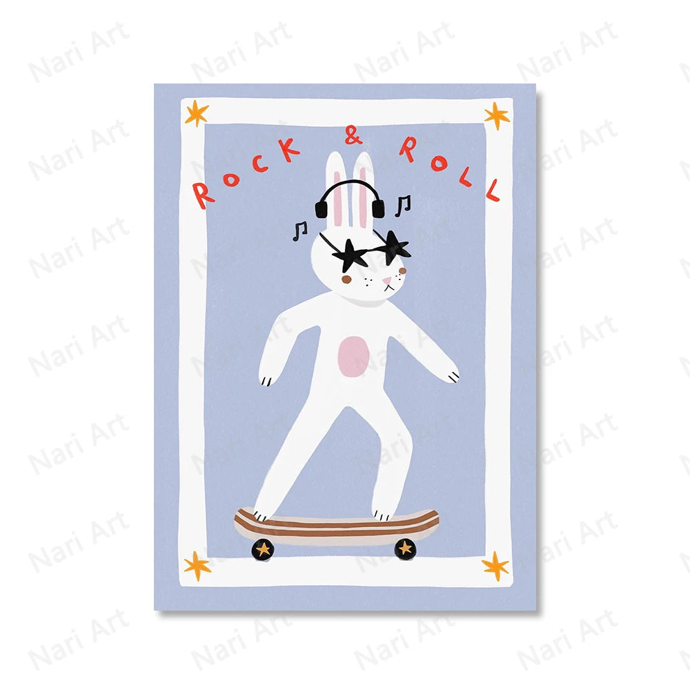 Funny Animals Tiger Bonjour Dog Bunny Skateboard Posters Prints Wall Art Canvas Painting Nursery Pictures for Kids  Room Decor