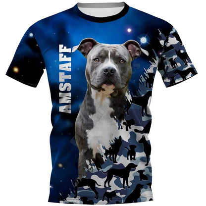the BLUE SPACE DOGS - Amstaff Pitbull Dog T-Shirt, Men's 3D Doggy Printed Tee Shirts, Women's Clothing, Summer Kids Casual Tops Tees Short Sleeve