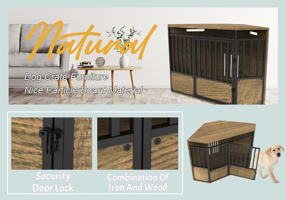 the CORNER CRATE - Furniture Style Wooden Pet Crate Corner Table, Heavy Duty Large Dog Cage Kennel