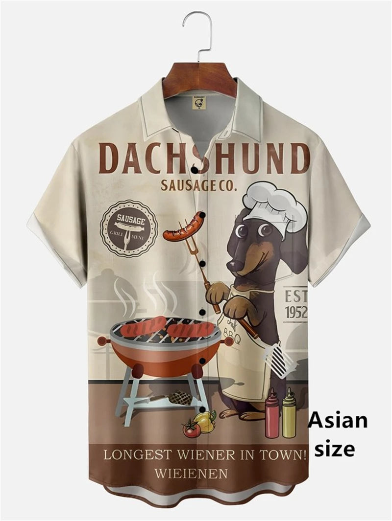 the HOT DOG DACHSHUND - Funny Cartoon Hot Dog Dachshund Graphic Shirts, Men/Women 3D Printed Casual Vacation Hawaiian Short Sleeve Shirts, Button Blouse