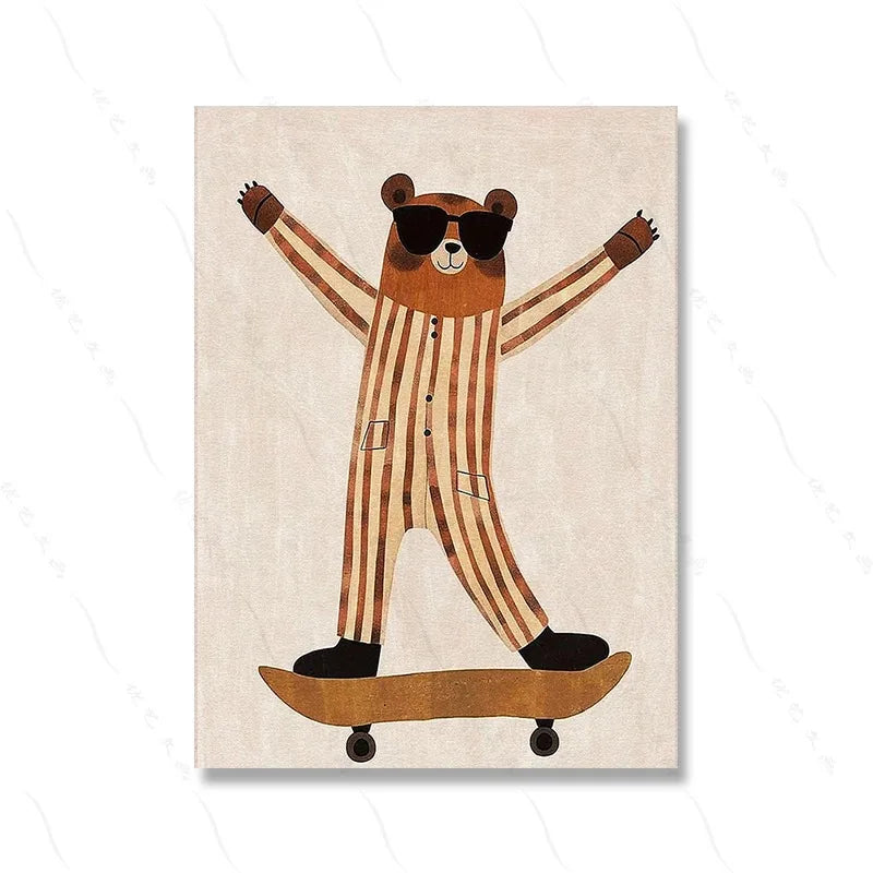 Funny Animals Lion Cheetah Dog Bear Skateboard Posters Prints Wall Art Canvas Nursery Pictures for Kids Girls Boys Room Decor