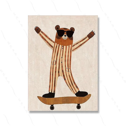 Funny Animals Lion Cheetah Dog Bear Skateboard Posters Prints Wall Art Canvas Nursery Pictures for Kids Girls Boys Room Decor
