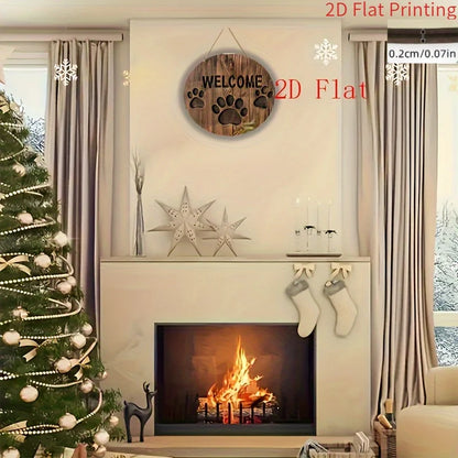 2D Flat, Farmhouse Style Round Wooden Welcome Sign with Dog Paw Print - Rustic Artificial Wood Wall Art for Home, Garden, Cafe,