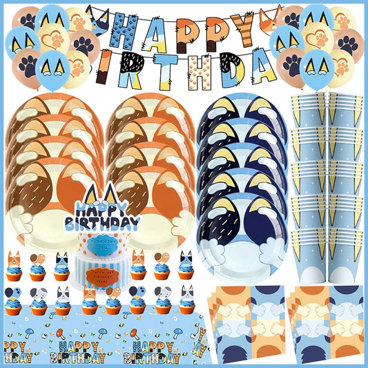 New Cartoon Dog Birthday Party Decoration Setup Boys Children Blue Dogs Party Favor Tableware Plate Napkin Cup Supplies Full Set