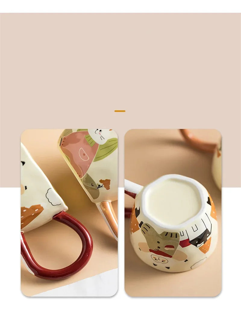 350ML Cartoon Hand Painted Bunny bear Coffee Cups Irregular Ceramic Mug Large Handle Home Office Milk Water Cup Kid's Gifts