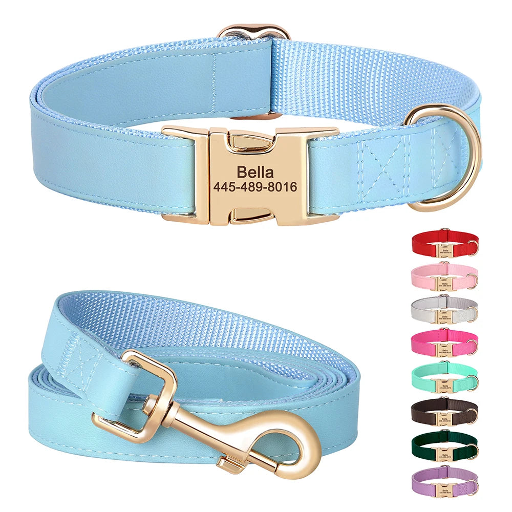 the MY NAME MY PAWS CUSTOM SET - Personalized Dog Collar/Leash Set, Custom PU Leather Dog Buckle Collars/Necklace, Pet Walking Leash for Small/Medium Dogs, Pitbull