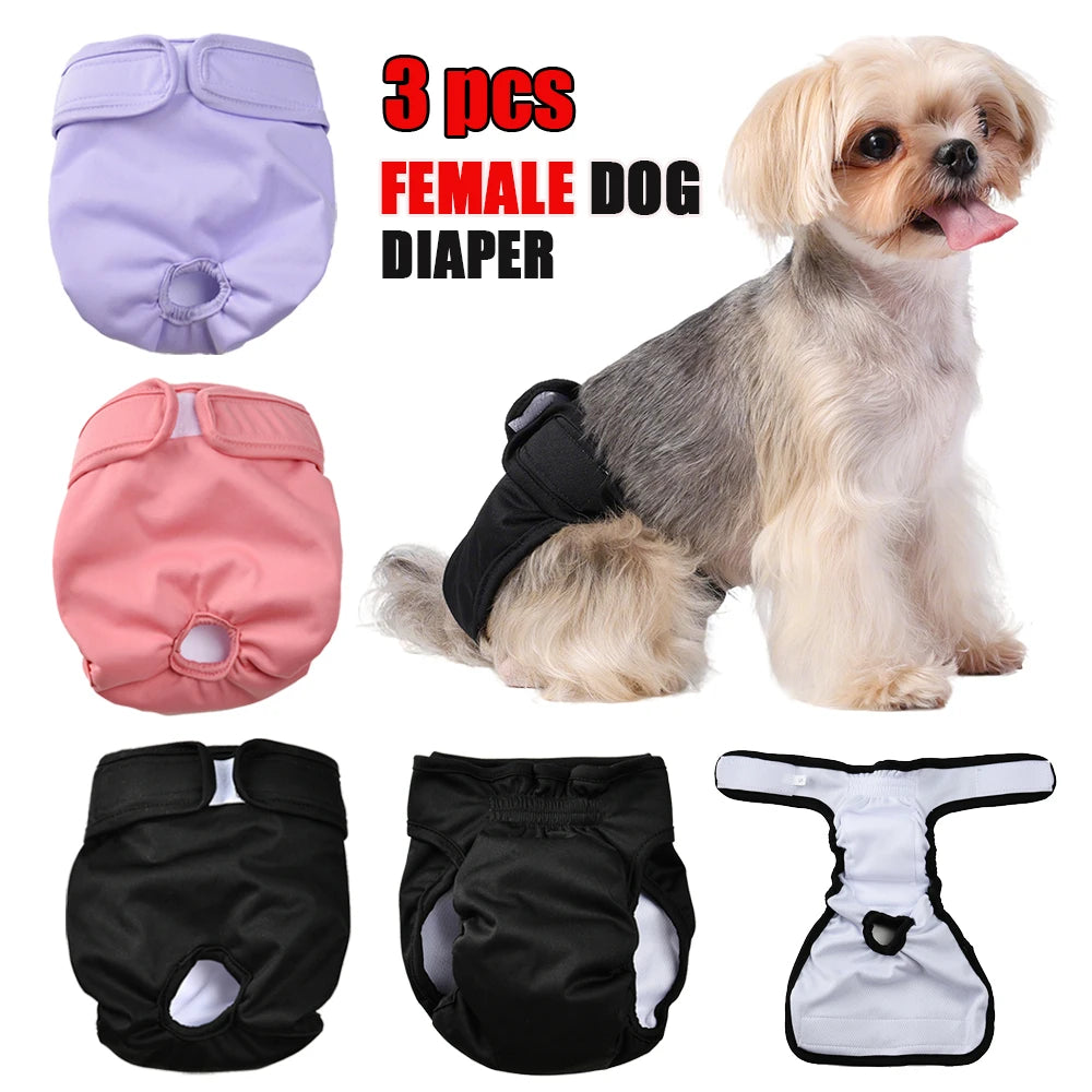 3pcs Female Dog Diapers Washable Reusable Doggie Puppy Nappies Physiological Pants Cute Adjustable Pet Sanitary Panties Short