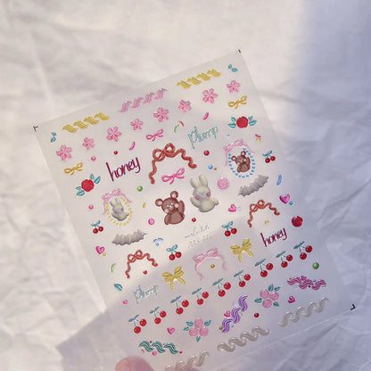 Graffiti Cat Claw Rabbit Bunny Bear Dog Flower Lovely Animal Fruit Dim Sum Candy Sunflower Adhesive 5D Nail Art Stickers Decal