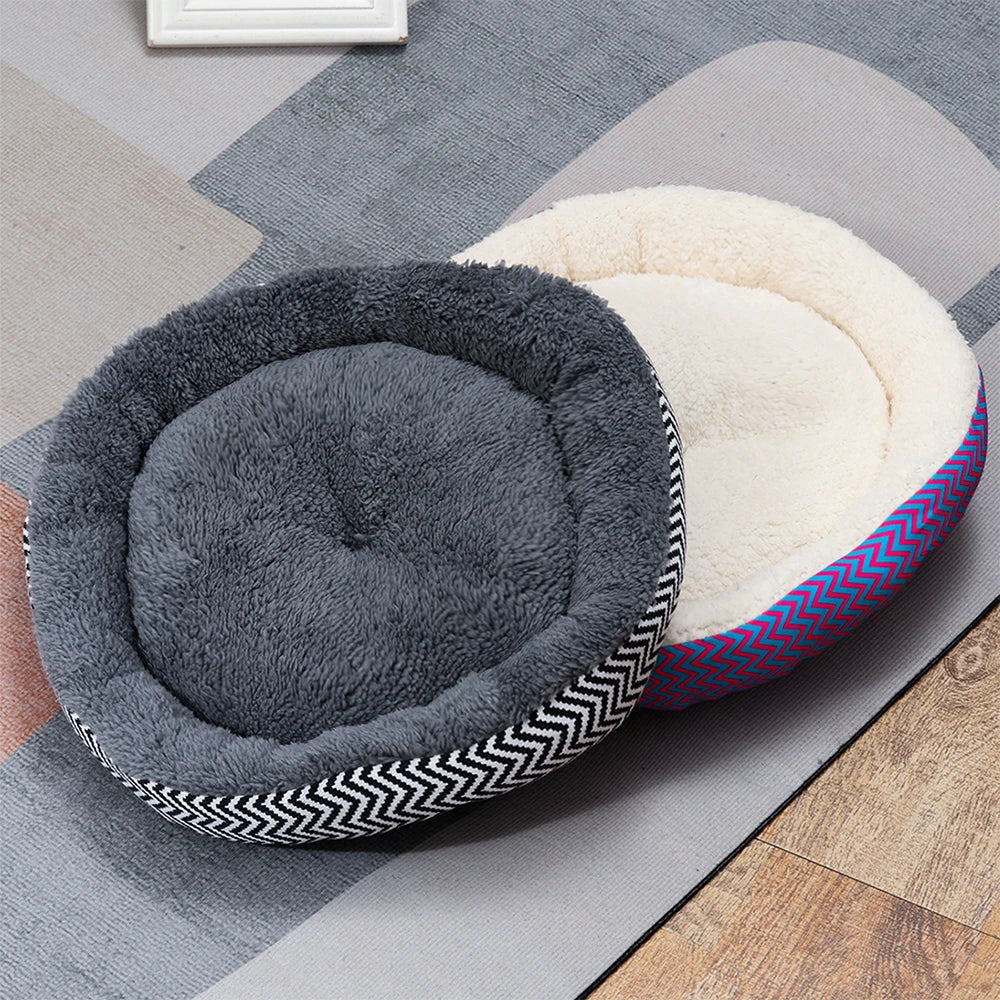 Winter Round Warm Dog Sofa Bed Pets Supplies Canvas Stripe Mat Plush Cats Nest Mat Dog Basket Pet Soft Cushion Machine Washable