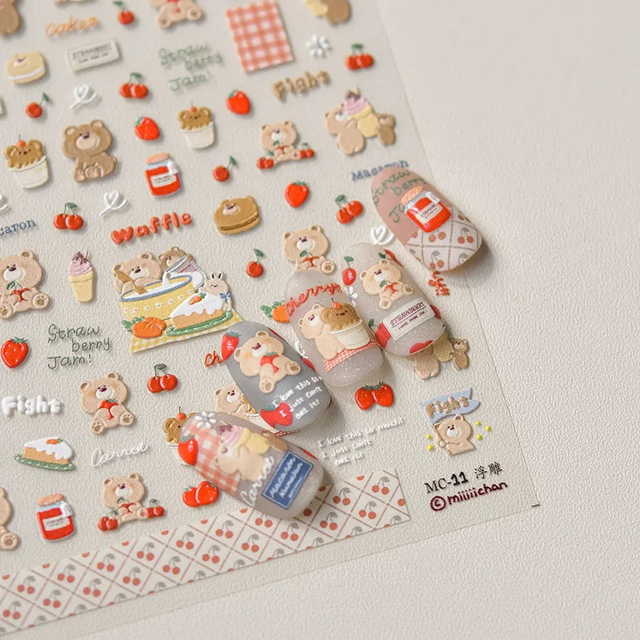 Graffiti Cat Claw Rabbit Bunny Bear Dog Flower Lovely Animal Fruit Dim Sum Candy Sunflower Adhesive 5D Nail Art Stickers Decal