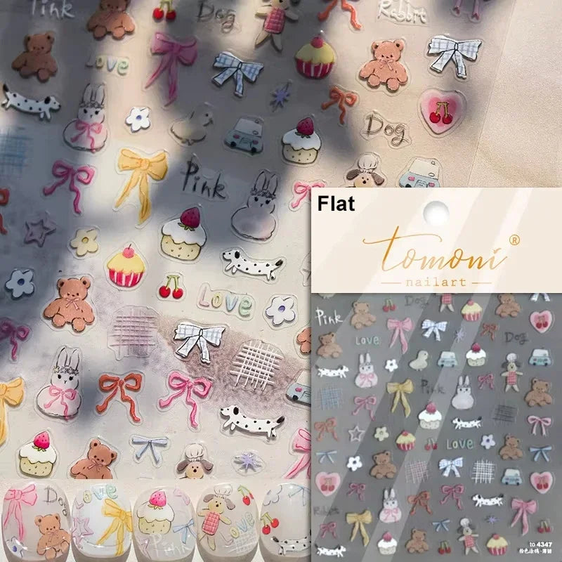 Graffiti Cat Claw Rabbit Bunny Bear Dog Flower Lovely Animal Fruit Dim Sum Candy Sunflower Adhesive 5D Nail Art Stickers Decal