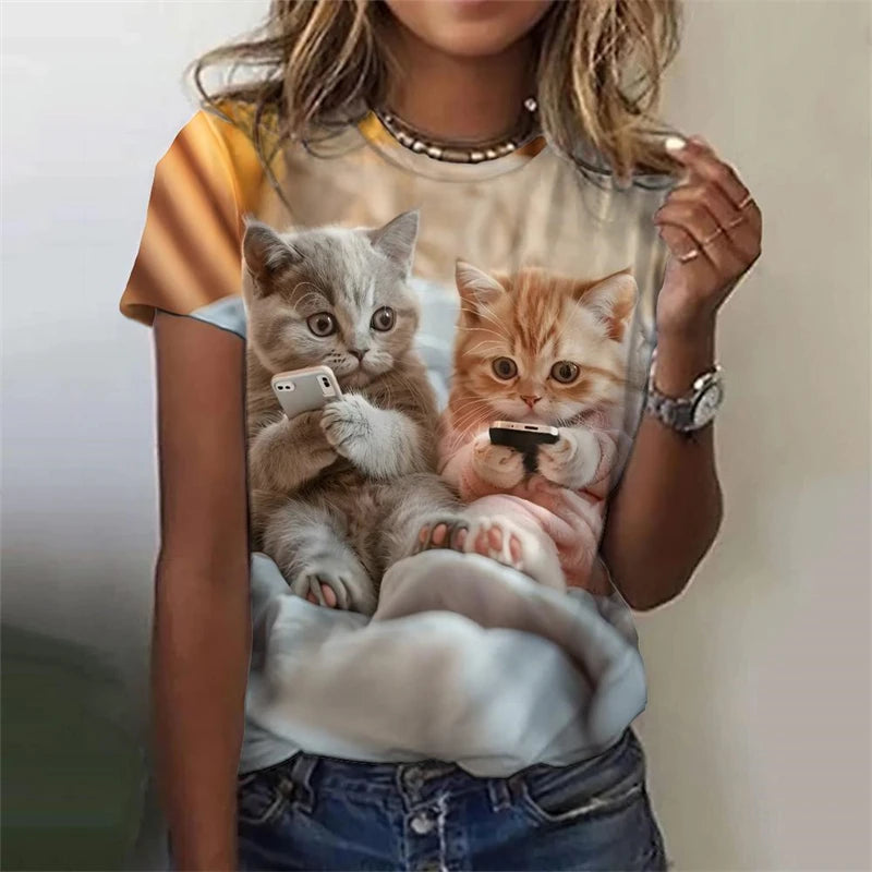 the LITTLE FURBALLS - Cute Women's T-Shirt, Cat/Dog 3D Print Casual Short Sleeve Funny T-Shirts, Fashion Streetwear O-Neck Orange Cat Female Clothing