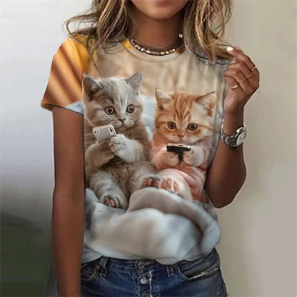 the LITTLE FURBALLS - Cute Women's T-Shirt, Cat/Dog 3D Print Casual Short Sleeve Funny T-Shirts, Fashion Streetwear O-Neck Orange Cat Female Clothing