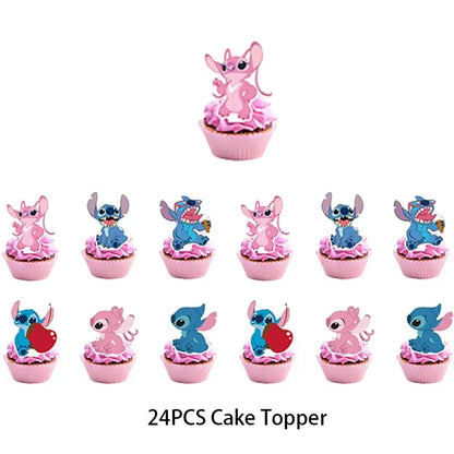 Lilo And Stitch Birthday Decoration Disney Pink Stitch Party Theme Tableware Set Angel Balloons Happy Supplies Kids Girl Favors