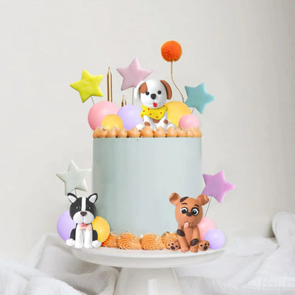Dog Cake Topper Clay Figurines-Star&Ball Design with Paw Prints for Dog Birthday&Baby Shower,Yellow/Pink/Purple Pet Party Decor