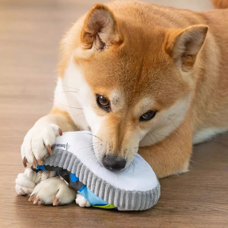 the BITESTRIDE SQUEAKY - Dog Squeak Toy, Teeth Grinding Bite Resistant Slippers Shape Puppy Chew Toy with Cotton Rope, Pet Chewing Toys, Dog Toys