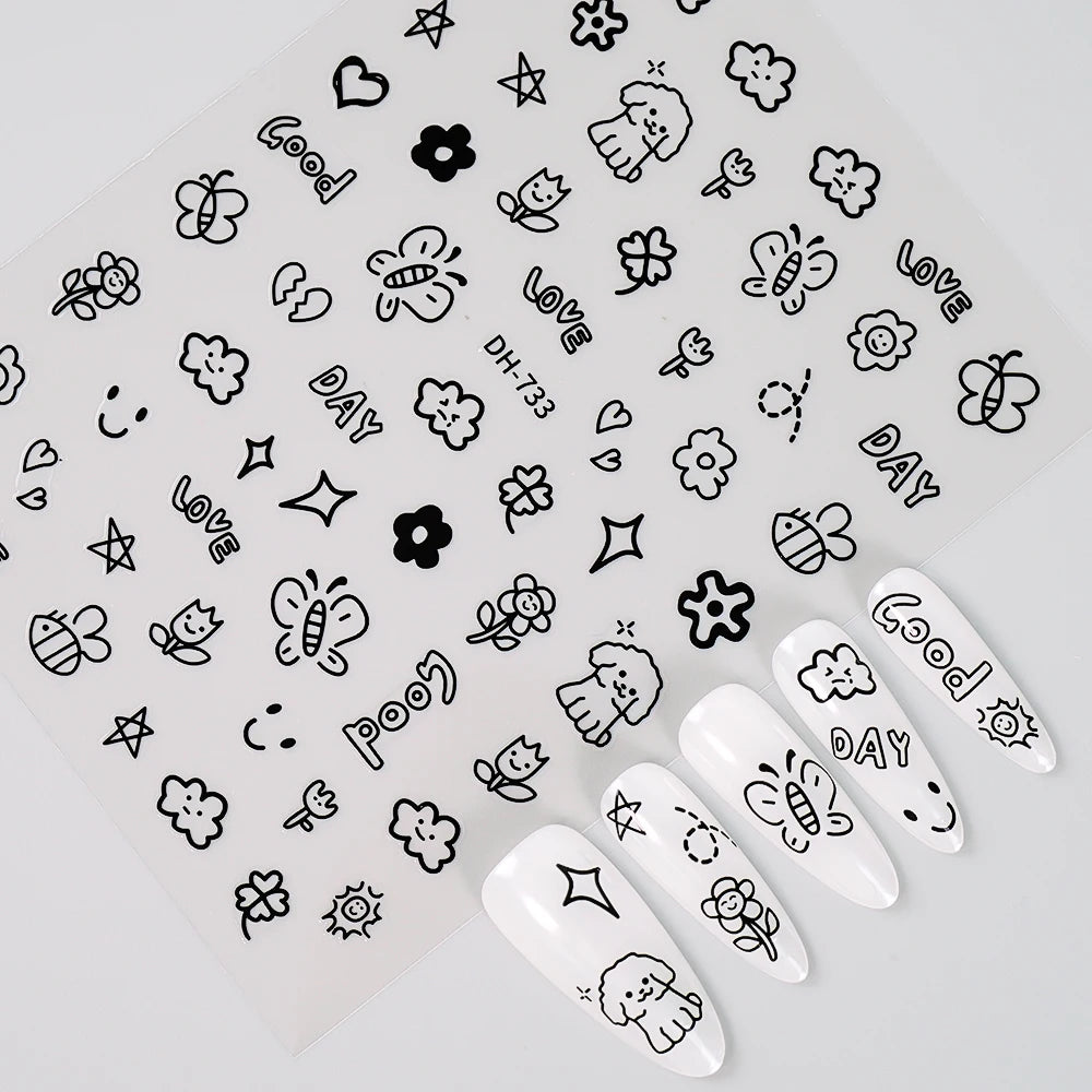 3D Flat Cute Cartoon Nail Stickers Doodle Cat Dog Heart Star Flower Nail Art Stickers Women DIY Manicure Decoration Decals