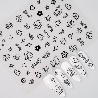 3D Flat Cute Cartoon Nail Stickers Doodle Cat Dog Heart Star Flower Nail Art Stickers Women DIY Manicure Decoration Decals