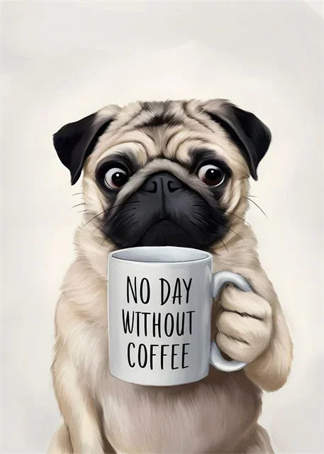 Funny Wall Art Pictures Animal Coffee Portrait Posters Canvas Print Art Sloth Pug Dog and Coffee Mural Cute Home Decor Painting