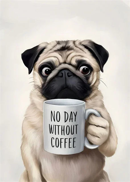 Funny Wall Art Pictures Animal Coffee Portrait Posters Canvas Print Art Sloth Pug Dog and Coffee Mural Cute Home Decor Painting