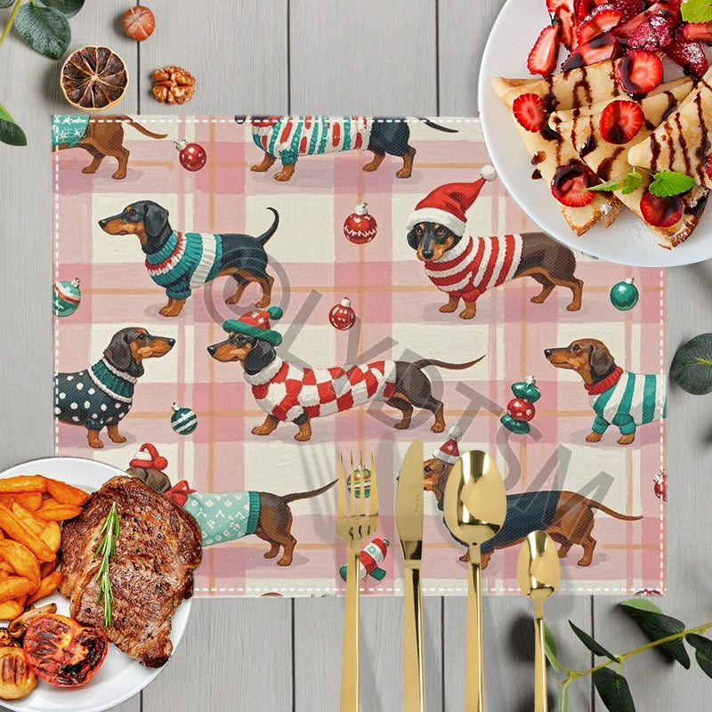 Christmas Snow Fun Dachshund Dog Table Mats for Kitchen Dinner Christmas Tree Coasters Coffee Tea Cup Pads Dish Placemat