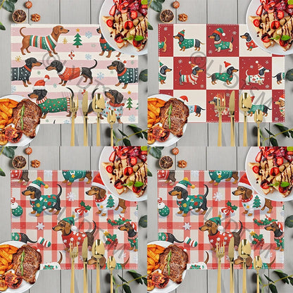 Christmas Snow Fun Dachshund Dog Table Mats for Kitchen Dinner Christmas Tree Coasters Coffee Tea Cup Pads Dish Placemat