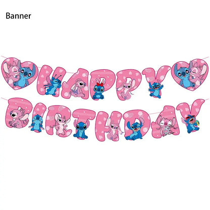 Lilo And Stitch Birthday Decoration Disney Pink Stitch Party Theme Tableware Set Angel Balloons Happy Supplies Kids Girl Favors