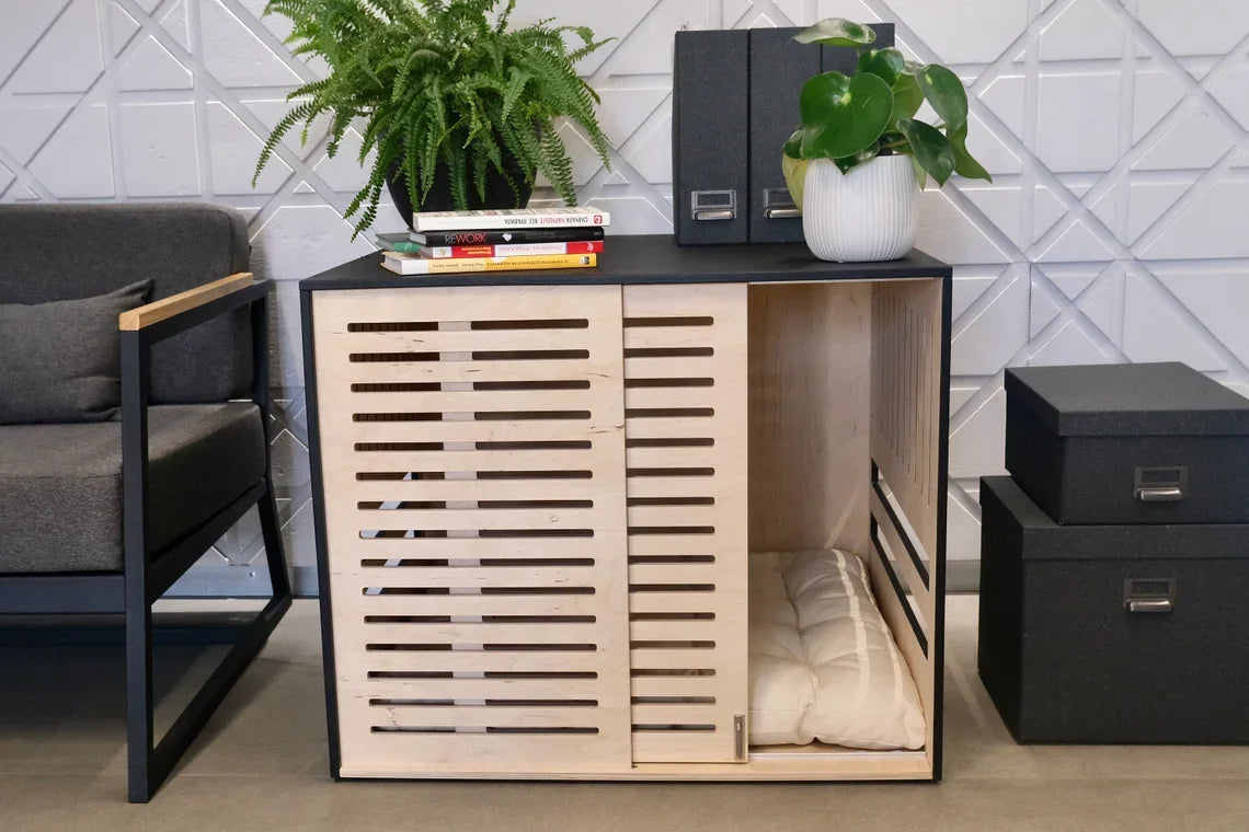 the ZEN DOGGY - Modern Wooden Dog Crate with Acrylic Front Panel and Door with A Latch, Wooden Dog Crate Furniture