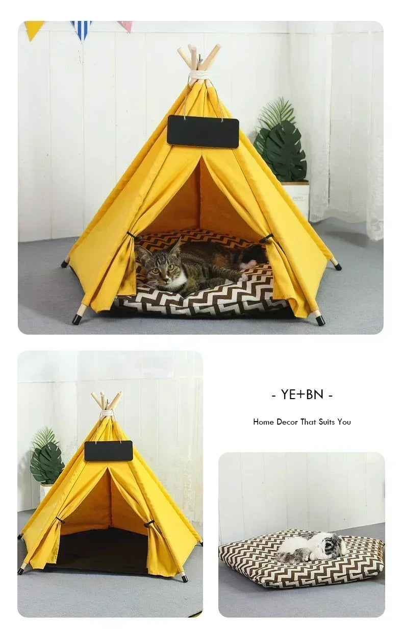 Pet Teepee Tent for Cats and Dogs Portable Removable Washable Dog House Indoor Puppies House with Cushion and Blackboard Cat Bed