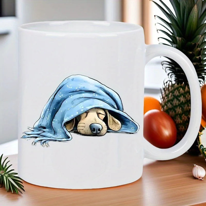 Cozy Blue Hoodie Puppy Ceramic Mug - White with Blue Hooded Dog Design, Perfect for Coffee Lovers, Hand Wash Only, Reusable, Cof