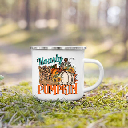 Pumpkin Leaves Dog Cat Printed Enamel Mugs Coffee Cups Fall Thanksgiving Party Wine Juice Mug Handle Cup Autumn Holiday Gifts