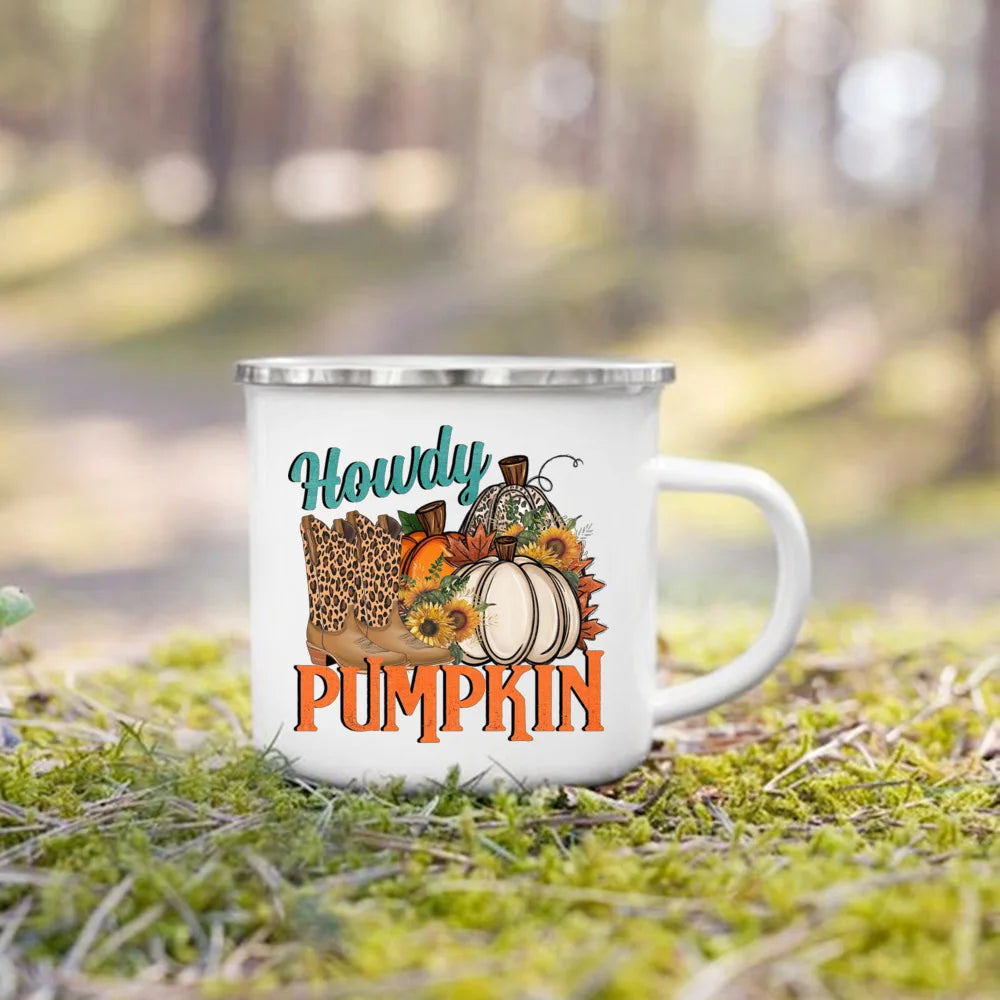 Pumpkin Leaves Dog Cat Printed Enamel Mugs Coffee Cups Fall Thanksgiving Party Wine Juice Mug Handle Cup Autumn Holiday Gifts