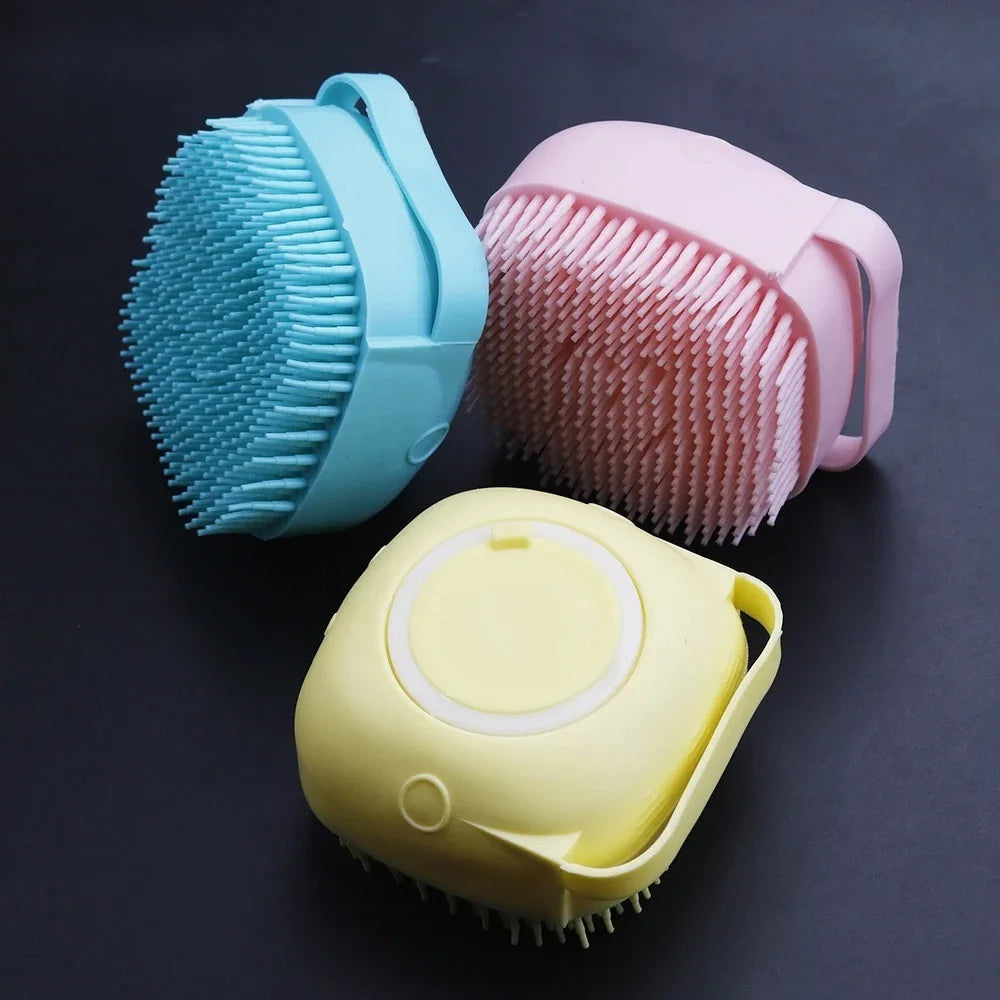 Dog Bathing Brush Pet Massage Brush Shampoo Dispenser Soft Silicone Brush Rubber Bristle for Dogs and Cats Shower Grooming Tool