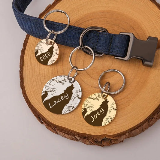 the LONEPAW WOODLAND ID - Custom Wolf and Tree Pet ID Tag, Personalized Free Engraved Keychain for Cat/Puppy/Dog Tag, Pendant Keyring Round Pet Accessories