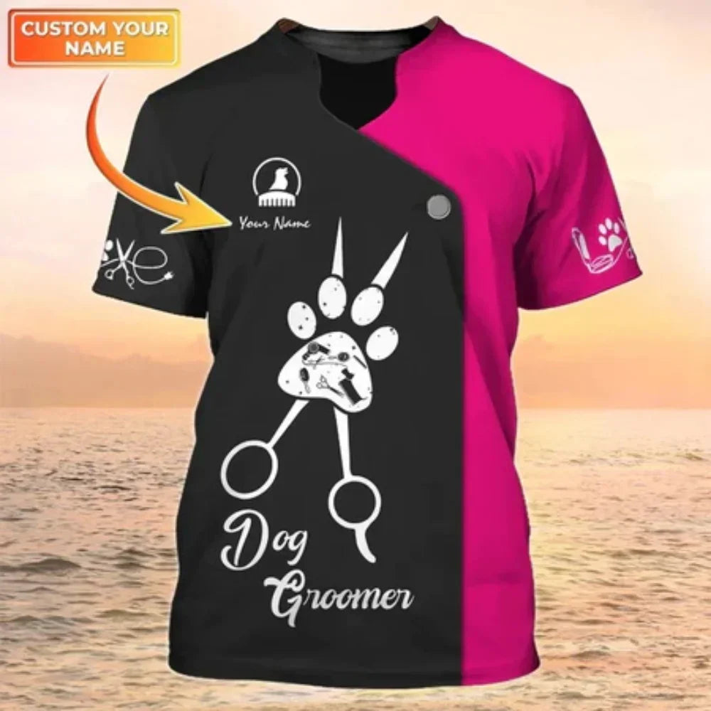 the GROOMER - Dog Grooming Graphic Printed Casual T-Shirts, Pet Groomer Customized Oversized Workwear, EU Size Unisex Pullover