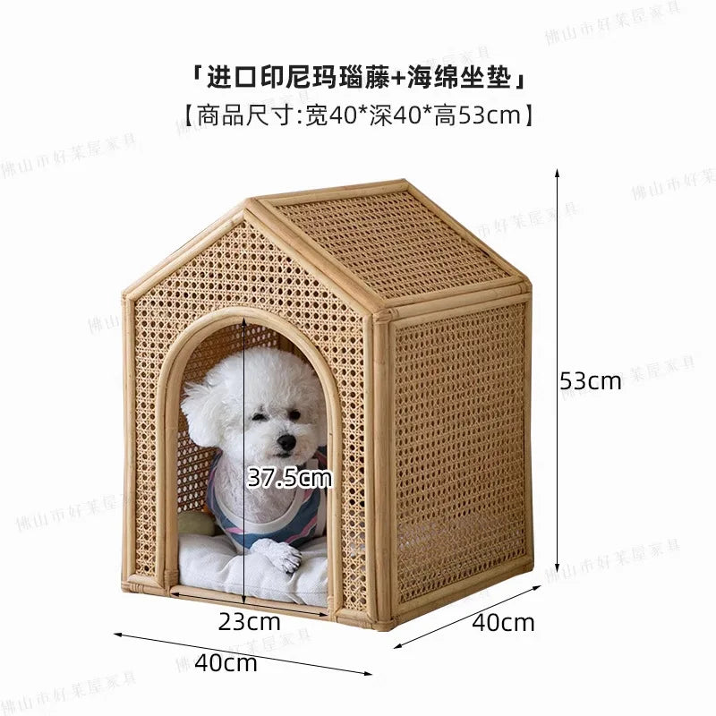 the WICKER HOUSE - House Pet Bed Roof Kennel Rattan Cat/Dog, Bed Kitten/Puppy Handmade Rattan Bed